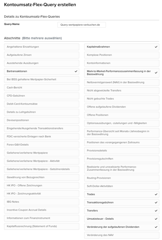 Abschnitte der Flex Query Definition