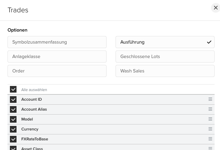 Optionen und Felder des Abschnitts Trades