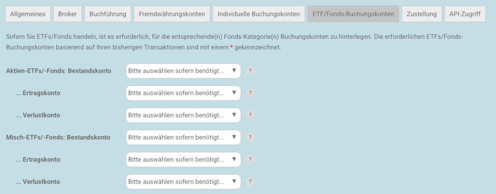 Meine Einstellungen - ETF Buchungskonten