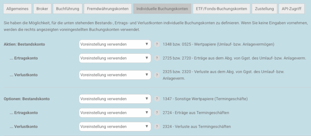 Meine Einstellungen - individuelle Buchungskonten