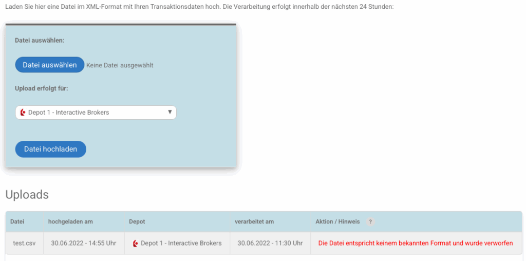 Übersicht der Uploads von Transaktionsdaten