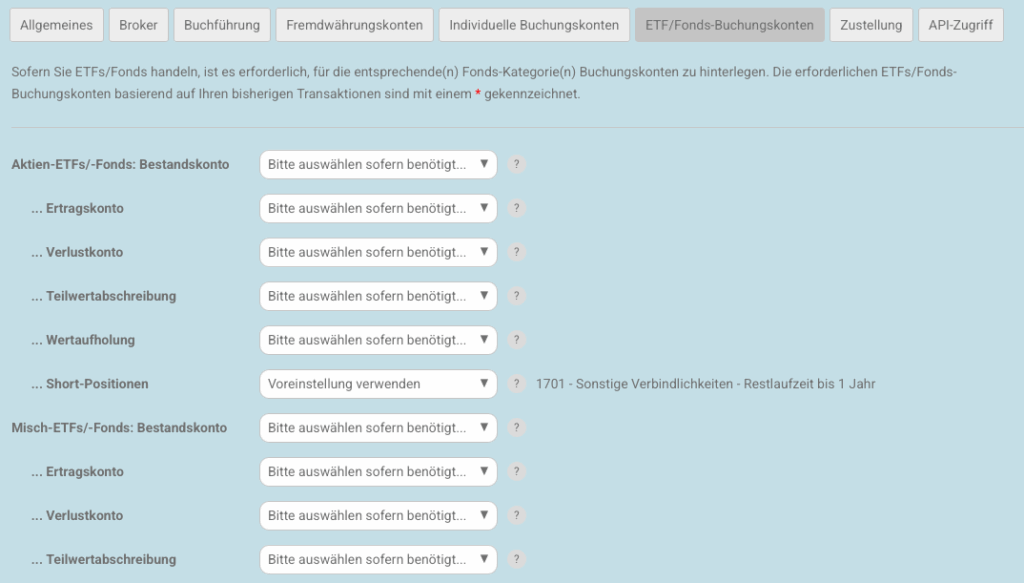 Meine Einstellungen - ETF Buchungskonten