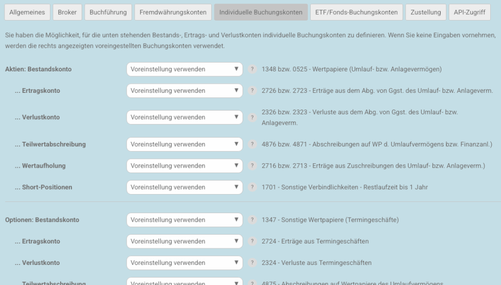 Meine Einstellungen - Individuelle Buchungskonten