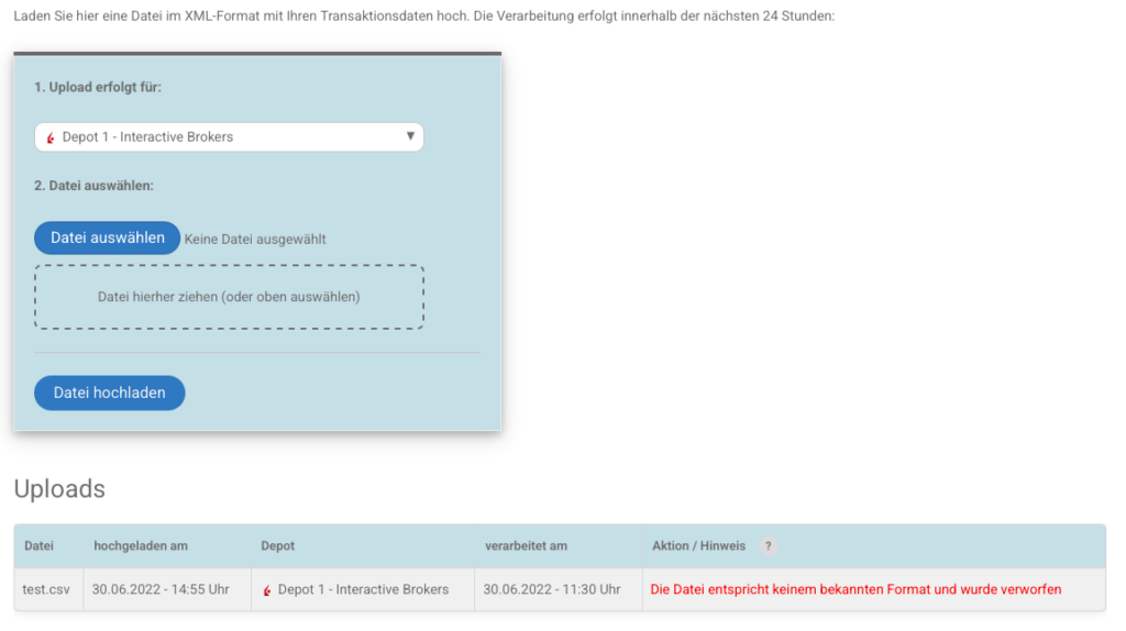 Übersicht der Uploads von Transaktionsdaten