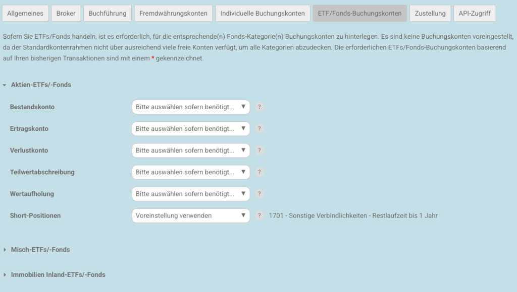 Meine Einstellungen - ETF Buchungskonten