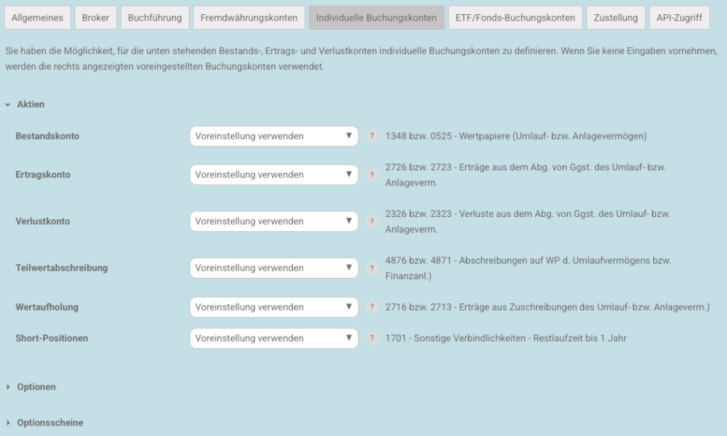 Meine Einstellungen - Individuelle Buchungskonten
