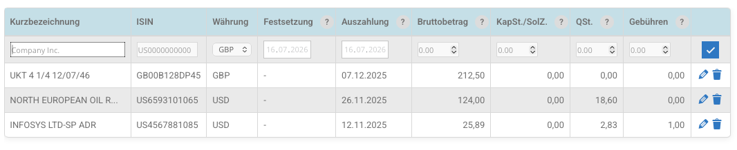Manuelle Erfassung - Dividenden, ETF-Ausschüttungen und Anleihezinszahlungen